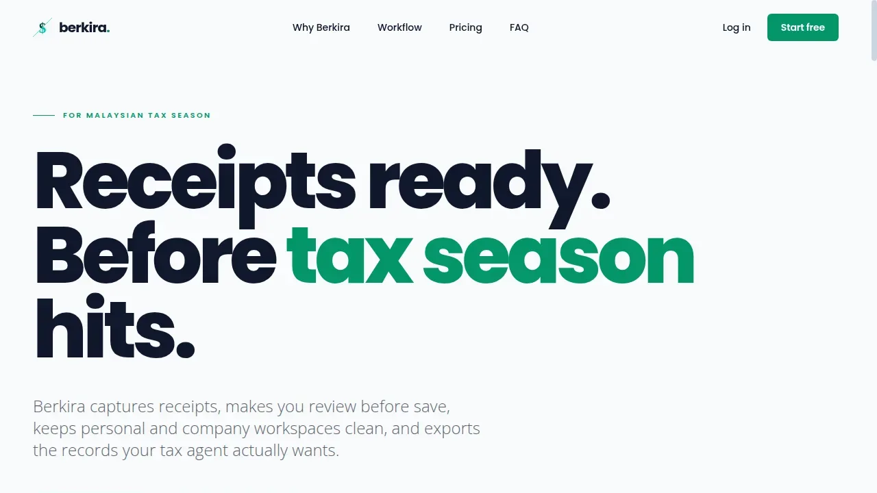 Berkira — Receipt & Tax Record System — Receipt-capture pipeline for Malaysian taxpayers: photo/PDF intake, AI data extraction, a review-before-save gate, and a one-click Tax Agent Pack export