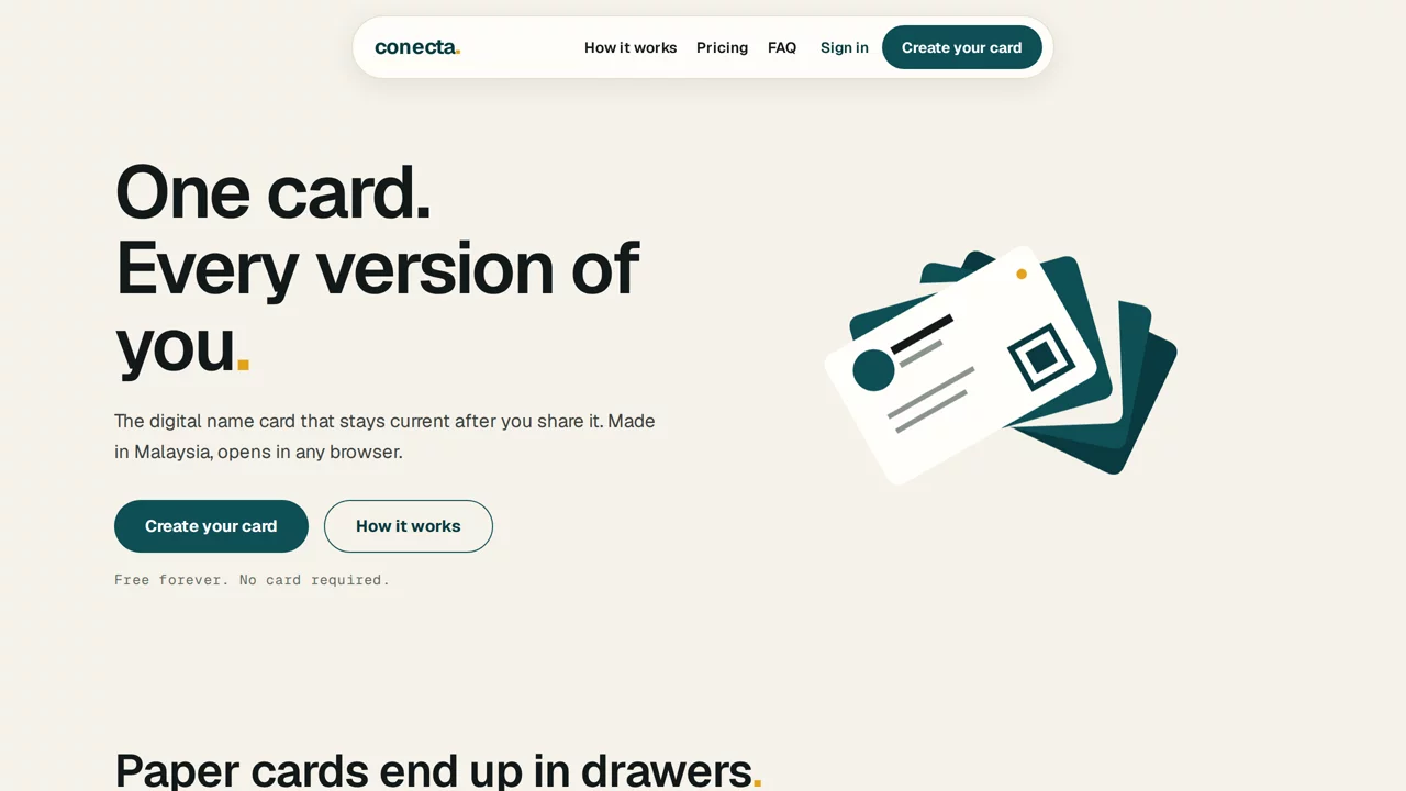 Conecta — Digital Business Cards — Digital name card platform where one identity drives many cards: audience rules decide which face each contact sees, and the shared deck keeps saved contacts current after the exchange