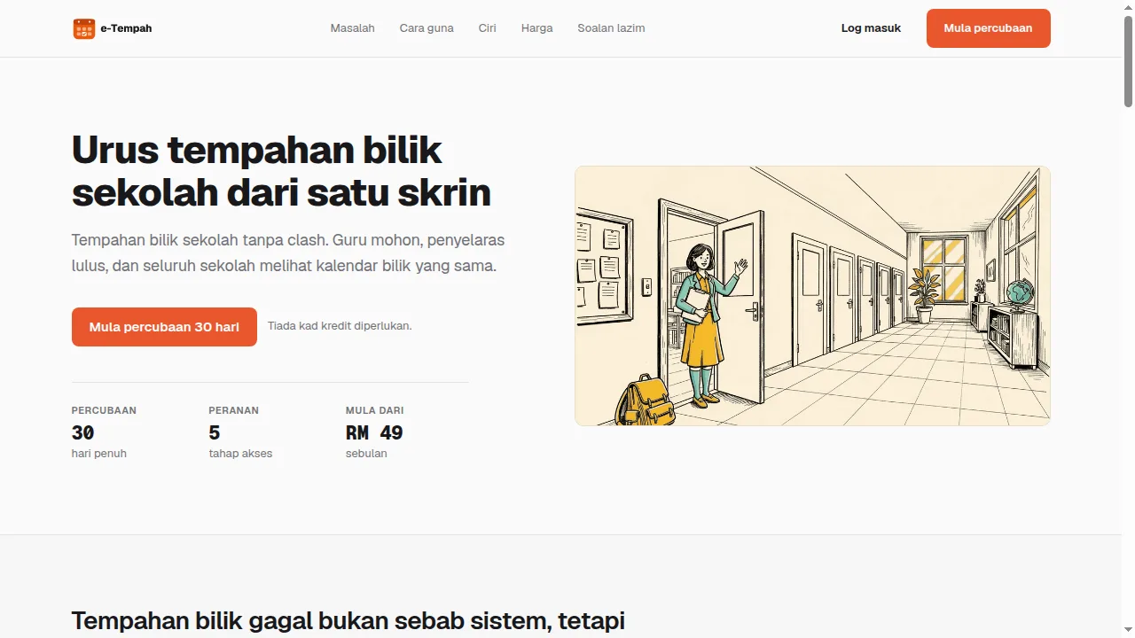 e-Tempah — School Room Booking — Booking and approval engine for school facilities: availability checks, structured approval routing, and double-booking prevention across labs, halls, and AV rooms — replacing manual log books and WhatsApp coordination
