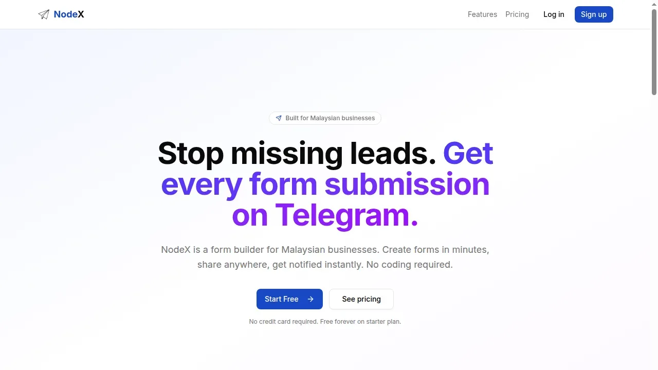 NodeX — Form Builder + Telegram Alerts — Multi-tenant form platform with plan enforcement, a product paywall, and webhook-driven Telegram delivery