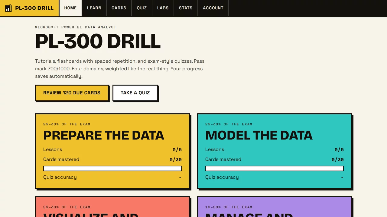 PL-300 Drill — Power BI Exam Prep — Study app for the Microsoft PL-300 Power BI Data Analyst exam: micro-step lessons, 120 flashcards on Leitner spaced repetition, and 187 exam-style questions with instant marking