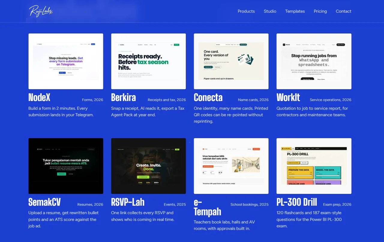 Ruji Labs products: NodeX, Berkira, Conecta, WorkIt, SemakCV, RSVP-Lah, e-Tempah and PL-300 Drill