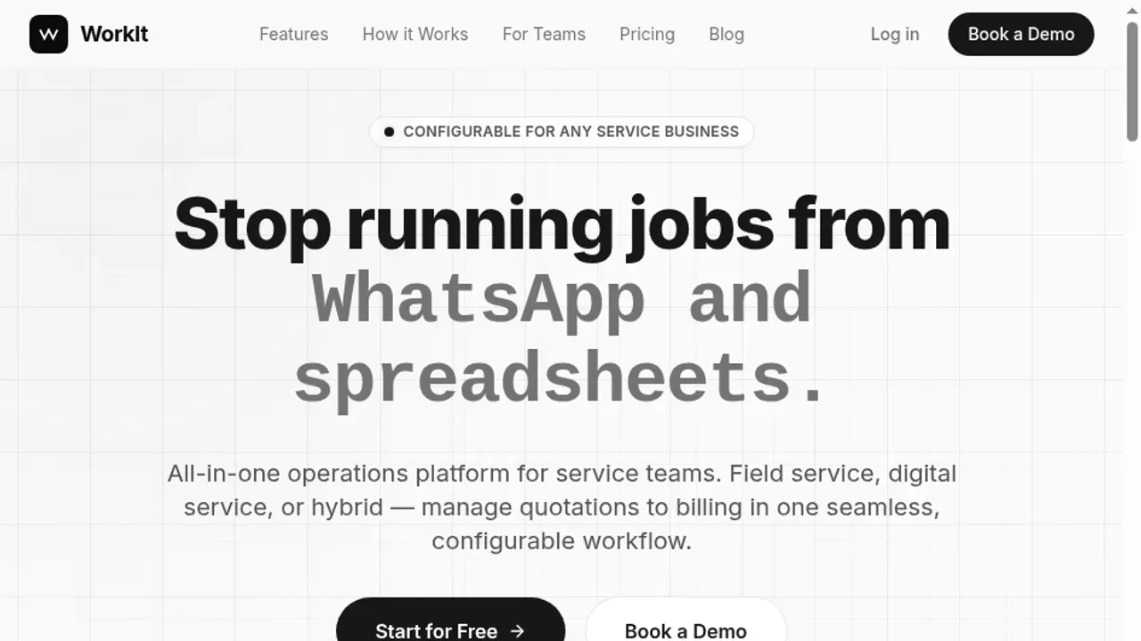 WorkIt — Service Operations System — Quotation-to-cash operations platform for service teams: quotations convert to jobs, jobs to work orders, then service reports, invoices, and payment tracking — one structured pipeline replacing WhatsApp and spreadsheets